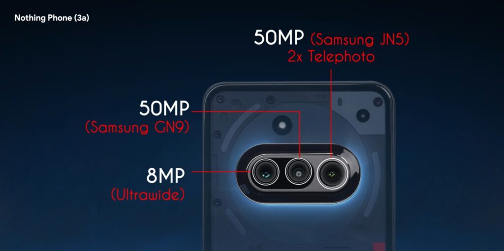 A detailed image of the Nothing Phone (3a) rear camera setup, highlighting its triple-camera system. It includes a 50MP Samsung GN9 main sensor, a 50MP Samsung JN5 2x telephoto lens, and an 8MP ultrawide camera. The phone's signature transparent design and LED lighting elements are also visible in the background.