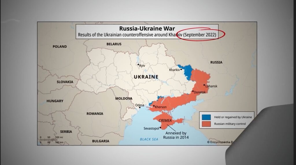 The map shows that the area controlled by Ukraine and Russia today is almost the same as it was in September 2022. 