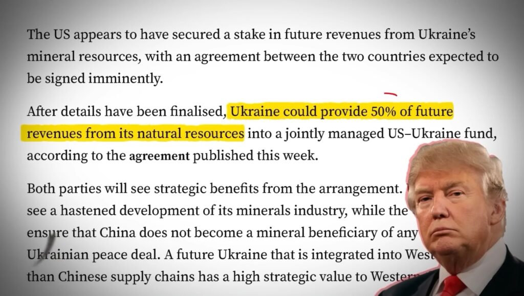 Trump is telling Ukraine that since the US is providing so much money and weapons, Ukraine should give 50% of its natural resources revenue to the US. 