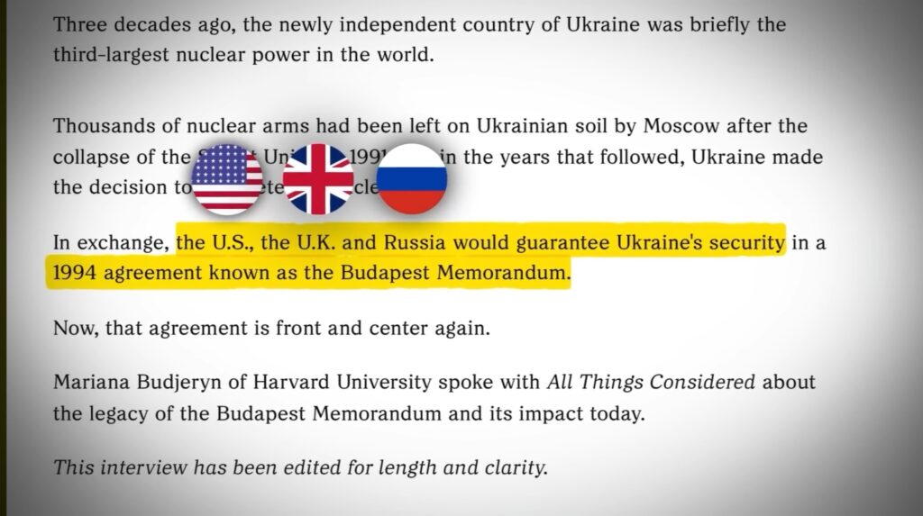  This was part of the Budapest Memorandum, signed by Russia, the US, and the UK, which promised to protect Ukraine if it were attacked. 