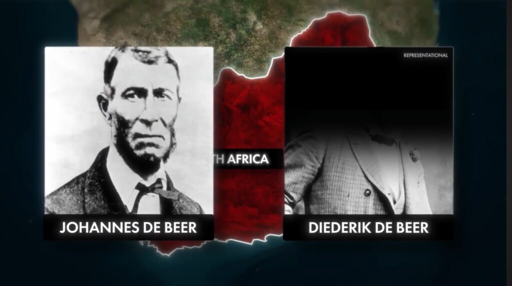 Two settlers, Johannes and Diederik De Beer, found diamonds on their farm in South Africa.