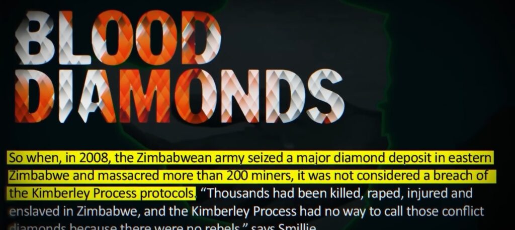 In Zimbabwe, numerous human rights violations were documented. In 2008, Zimbabwe’s army took control of a major diamond mine and killed over 200 workers.